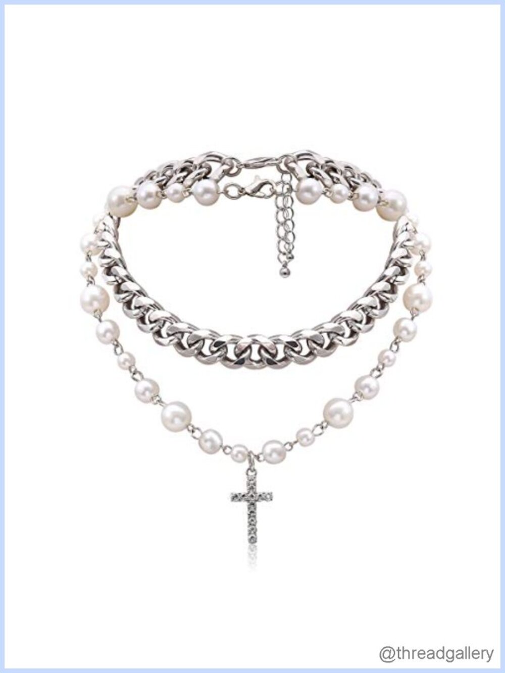 Layered Pearl Cross Necklace Silver Tone Punk Chain Choker Dainty Women's